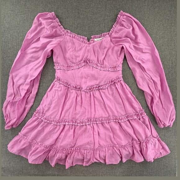 Francesca's Mini Dress Long Puff Sleeves Small Lined Ruffled Zipper Closure Pink - Picture 2 of 15